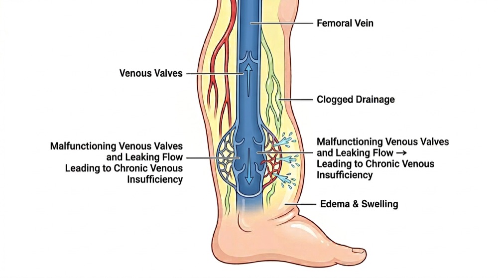 Medical illustration showing venous valves in the lower leg and how leaking flow contributes to edema and swelling